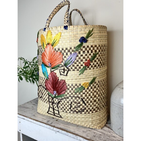 Vintage 1980’s Large Straw Raffia Floral Print Palm Beach Tote / Island / Cruise - Picture 3 of 11